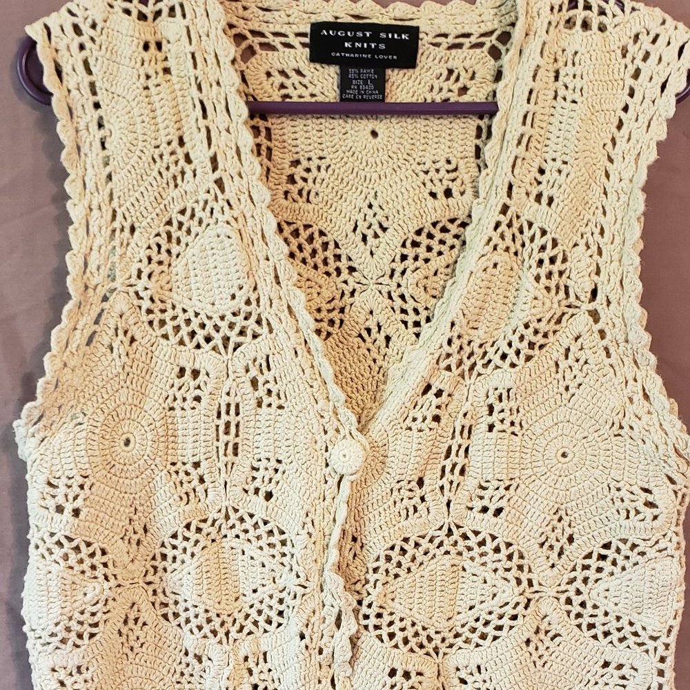 August Silk knits, crochet knit vest, Size Large
